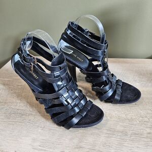Nine West Womens 10M Aromao Black Leather High Heel Gladiator Sandals Strappy